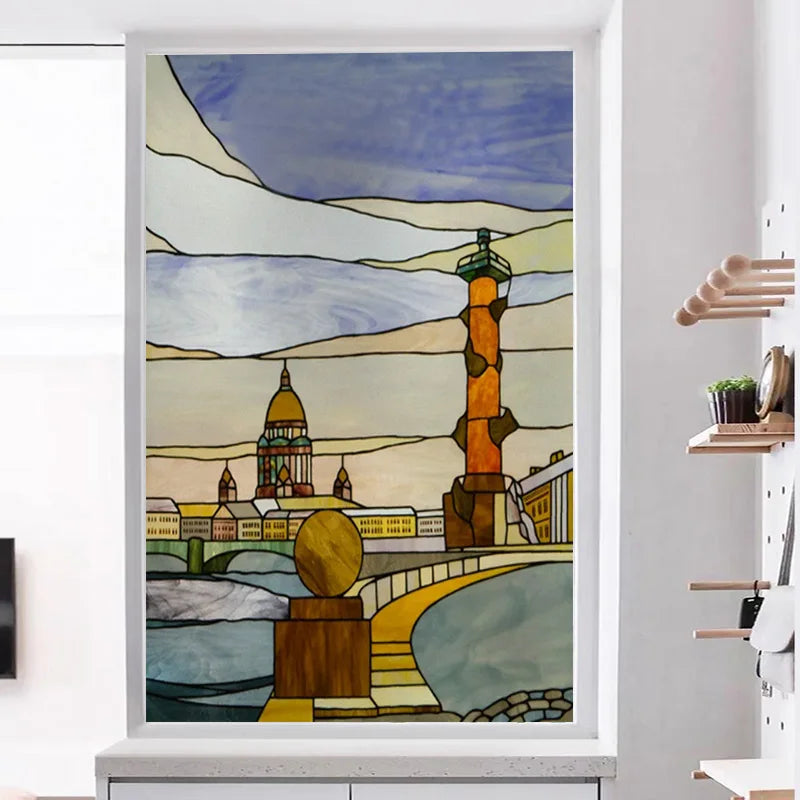 Custom size Stained Glass Films,Privacy Static Cling,Print Castle Lighthouse Tower Sailboat Door Sticker,Office Home Decor