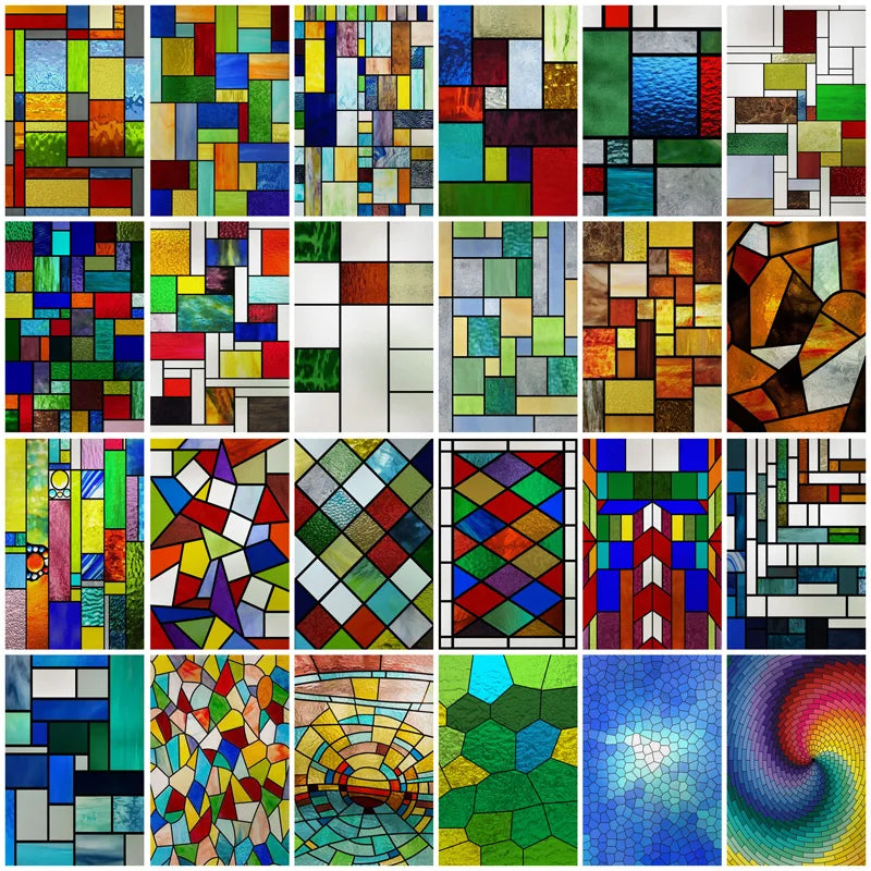 Window Film Frosted Stained Glass Films,Customized Privacy Static Cling,Church Retro Sticker,Office Home Decor,Mosaic Grid