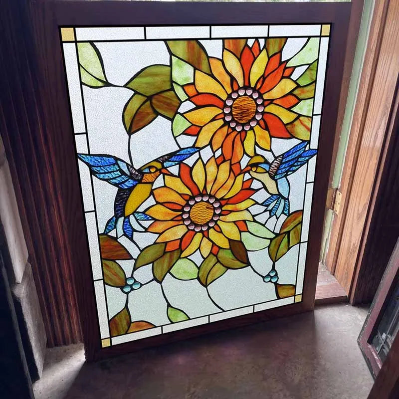 Window Film Frosted Stained Glass Films Customized Art SunFlower Hummingbird Static Cling Sticker,Home Decor Window Treatment