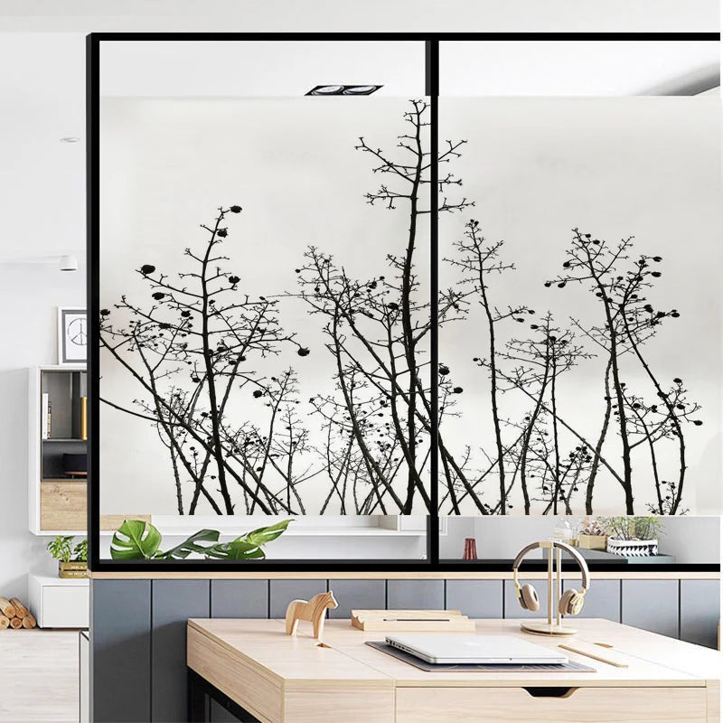 Custom Size Stained Glass Window Film,Frosted Privacy Static Cling,Privacy Films Door Sticker,Bathroom Home Decor Tree/Mountain