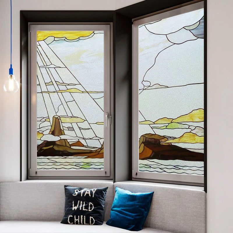 Window Film Frosted Stained Glass Films,Static Cling,Privacy Retro Door Sticker,Kitchen Office Home Decor Customized,Sailboat