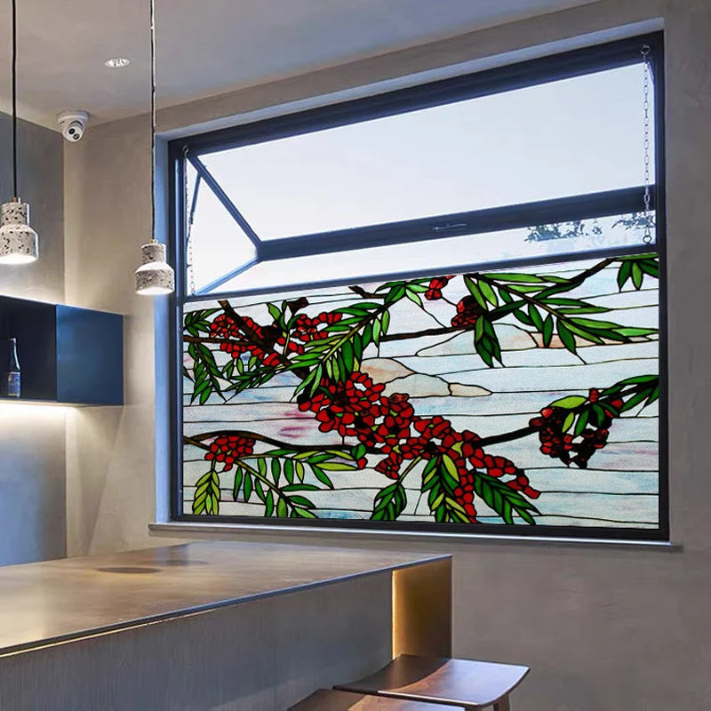 Window Film Stained Glass Stickers,Custom size Static Cling Frosted,Flower Bird Tree Print For Transom Window Glass Home Decor