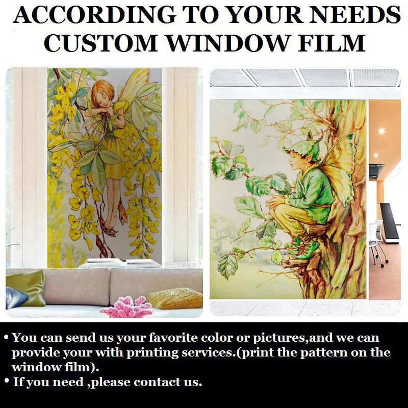 Custom Size Stained Glass Window Film Flower Tree Fairy Stickers Static Cling For Kitchen Bathroom Bedroom Glass Door Home Decor