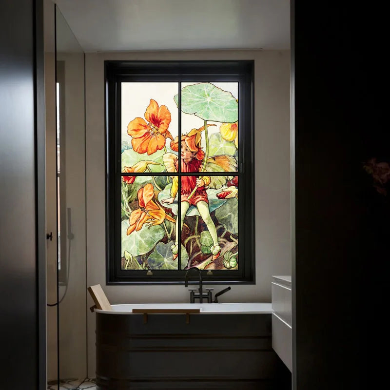 Custom Size Stained Glass Window Film Flower Fairy Stickers Static Cling For Kitchen Bathroom Bedroom Glass Door Home Decor