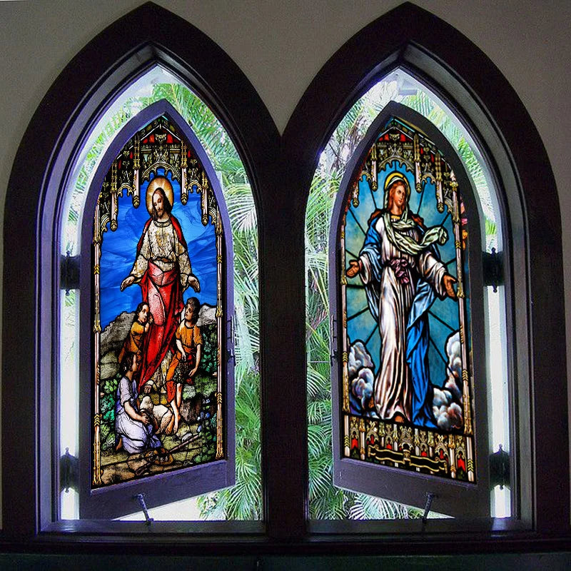 Custom Frosted Stained Glass Window Film,PVC Static Cling ,Church Jesus Christ Blessed Mary Stickers Window Treatment Home Decor
