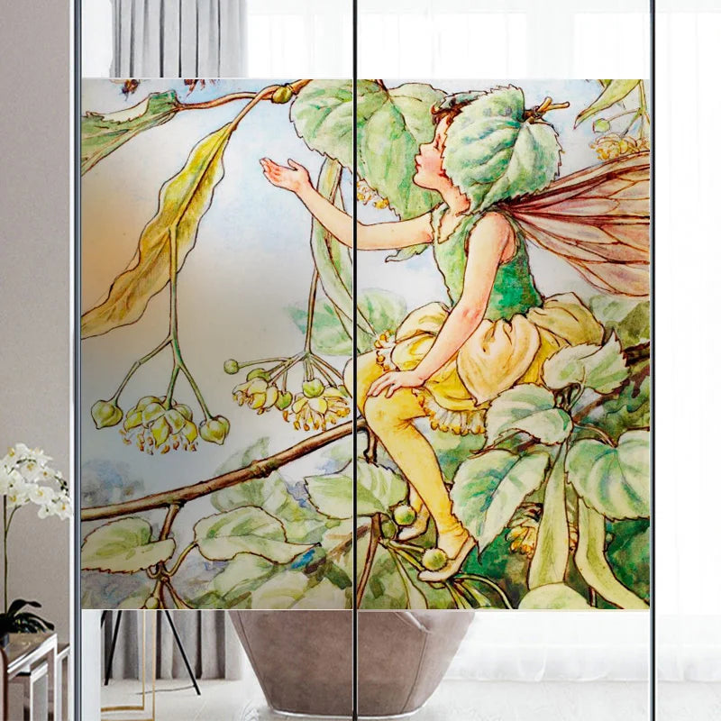 Custom Size Stained Glass Window Film Flower Tree Fairy Stickers Static Cling For Kitchen Bathroom Bedroom Glass Door Home Decor