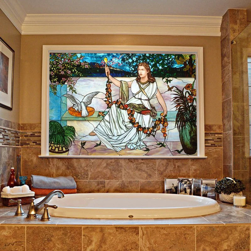 Custom Size Stained Glass Window Film Frosted Privacy Static Cling Church Mythological People For Transom Window Home Decor