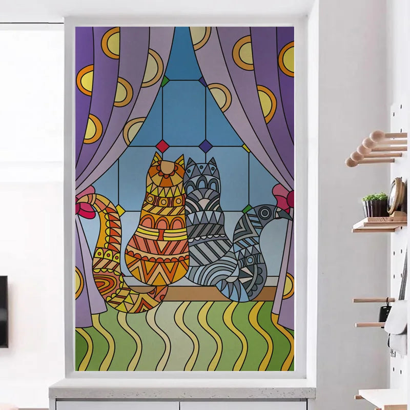 Stained Glass Wndow Film Frosted Glass Sticker Custom Size Castle Cartoon Pattern For Kids Room Door Light Box Poster Home Decor