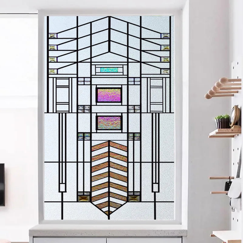 Custom Size Stained Glass Window Film Frosted Privacy Static Cling Retro Geometry Stickers Shower Bathroom Office Home Deco