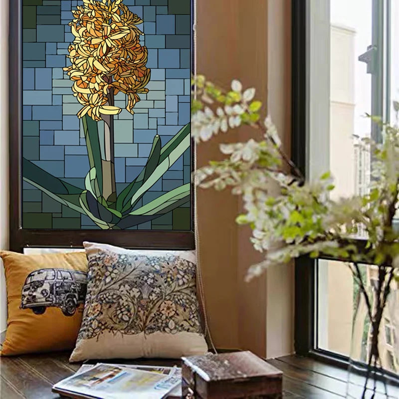 Window Film Stained Glass Stickers,Custom size Static Cling Sunflower Privacy Films Door Sticker Kitchen Office Home Decor