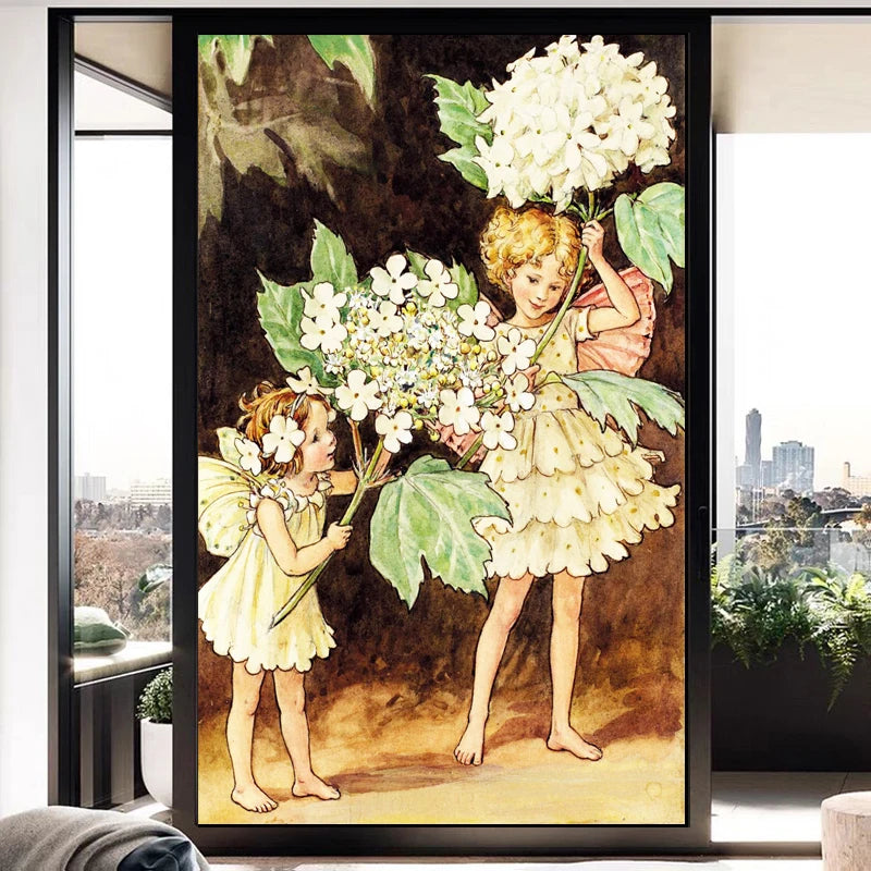 Custom Size Stained Glass Window Film Flower Tree Fairy Stickers Static Cling For Kitchen Bathroom Bedroom Glass Door Home Decor