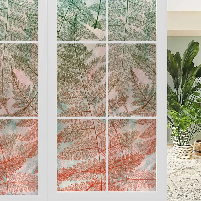Customized Window Film,Frosted Stained Glass Films, Art Deco Design Leaves,Static Cling Remove Door Sticker,Home Decor
