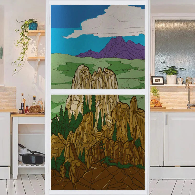 Stained Glass Wndow Film Frosted Glass Sticker Custom Size Castle Cartoon Pattern For Kids Room Door Light Box Poster Home Decor