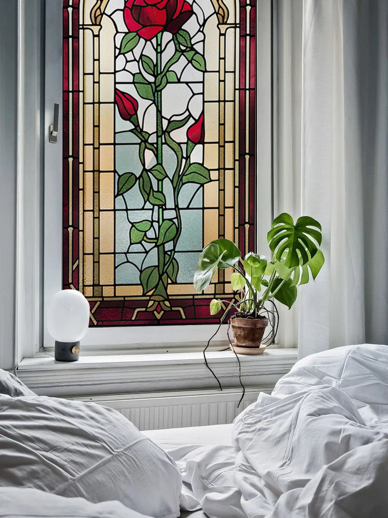 Privacy Windows Film Rose Stained Glass Window Door Stickers No Glue Static Cling Decorative Frosted Window Films