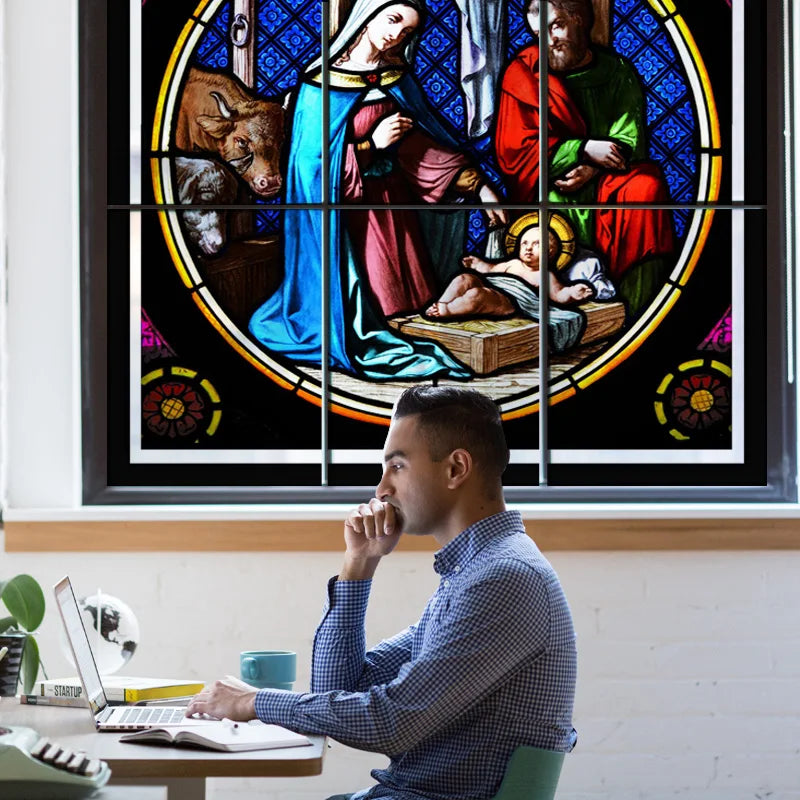 Custom Frosted Stained Glass Window Film,PVC Static Cling ,Church Jesus Mary Angels Picture Stickers Window Treatment Home Decor
