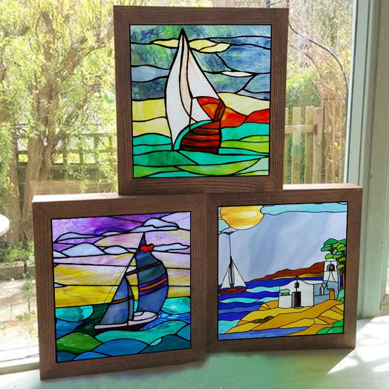 Window Film Frosted Stained Glass Films,Static Cling,Privacy Retro Door Sticker,Kitchen Office Home Decor Customized,Sailboat