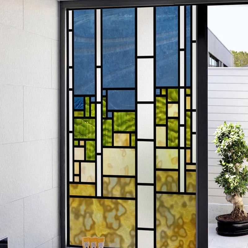 Window Film Frosted Stained Glass Films,Customized Privacy Static Cling,Church Retro Sticker,Office Home Decor,Mosaic Grid