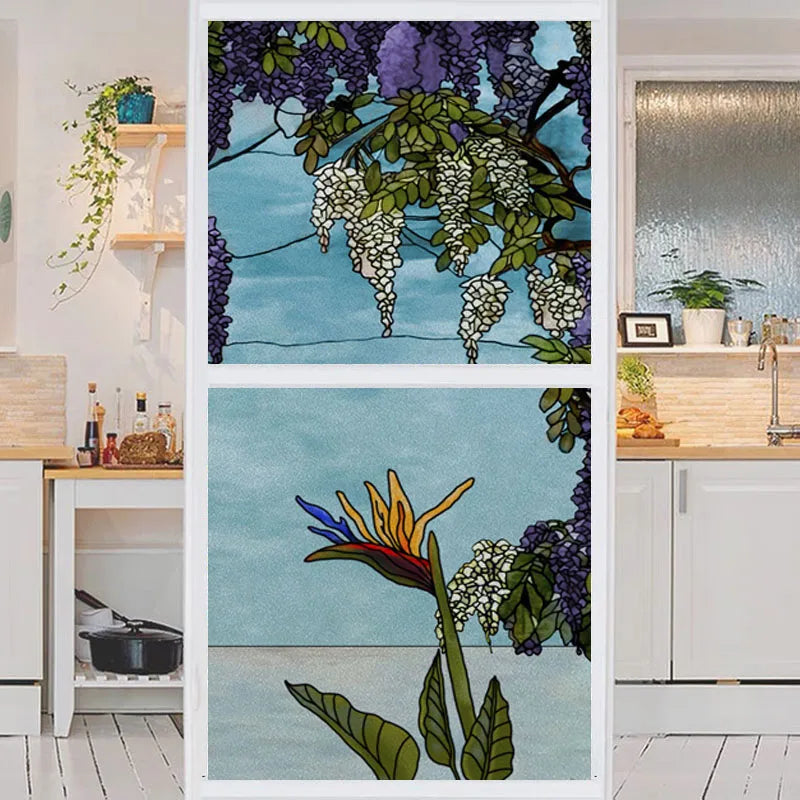 Window Film,Frosted Stained Glass Films,Church Static Cling,Door Sticker,Print SunFlower,Tree,Fruit,Birds,Home Decor Customized