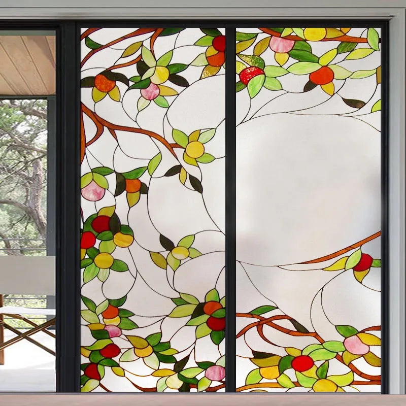 Stained Glass Window Film Frosted Glass Sticker Static Cling for thin long Glass Door Anticollision Flower