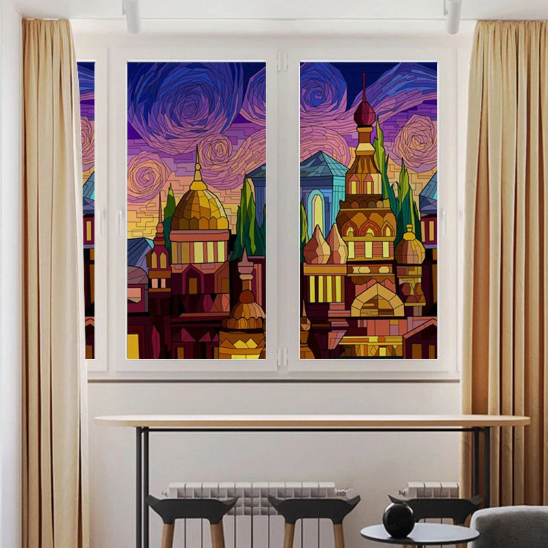 Custom size Stained Glass Films,Privacy Static Cling,Print Castle Sailboat House Door Sticker,Office Home Decor