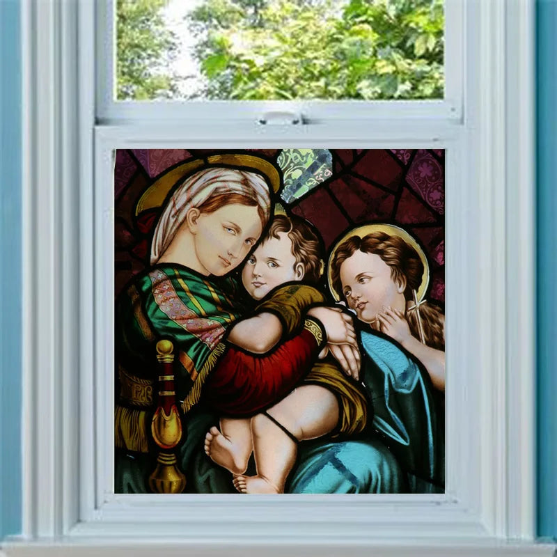 Custom Frosted Stained Glass Window Film,PVC Static Cling Films,Virgin Mary/Jesus Church Decor Foil Stickers