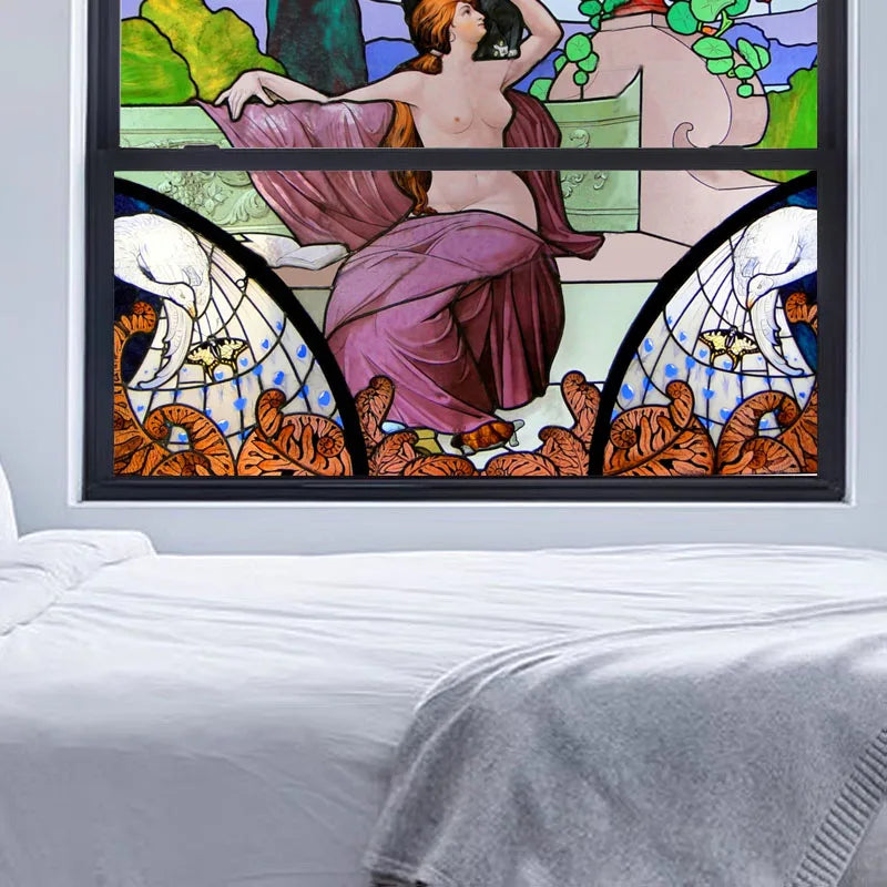 Custom Size Stained Glass Window Film Frosted Privacy Static Cling Church Mythological People For Transom Window Home Decor