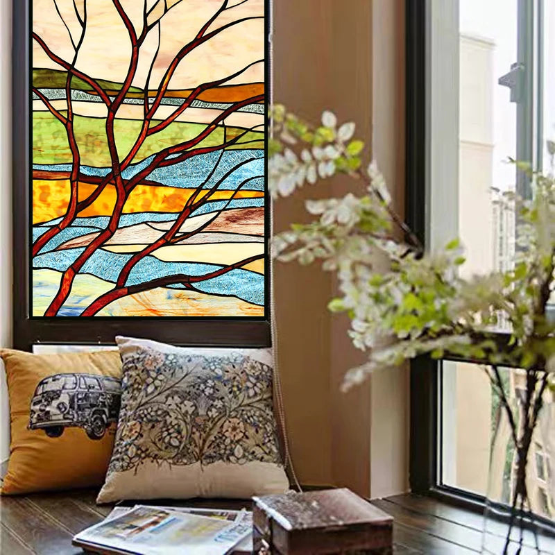 Window Film Frosted Stained Glass Films Customized Tiffany Trees Static Cling Sticker,Bathroom Door Kitchen Office Home Decor