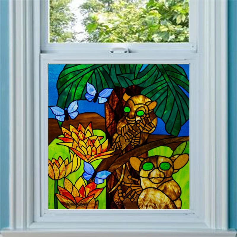 Custom Frosted Stained Glass Window Film,PVC Static Cling Films,Plants, forest animals Home Decor Foil Stickers