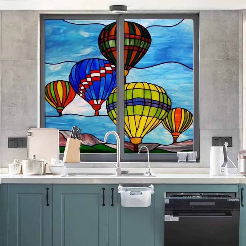 Custom size Stained Glass Wndow Film,Satic Cling Window Films,Decor Foil Stickers Window Treatment For Square Glass Hot air ball