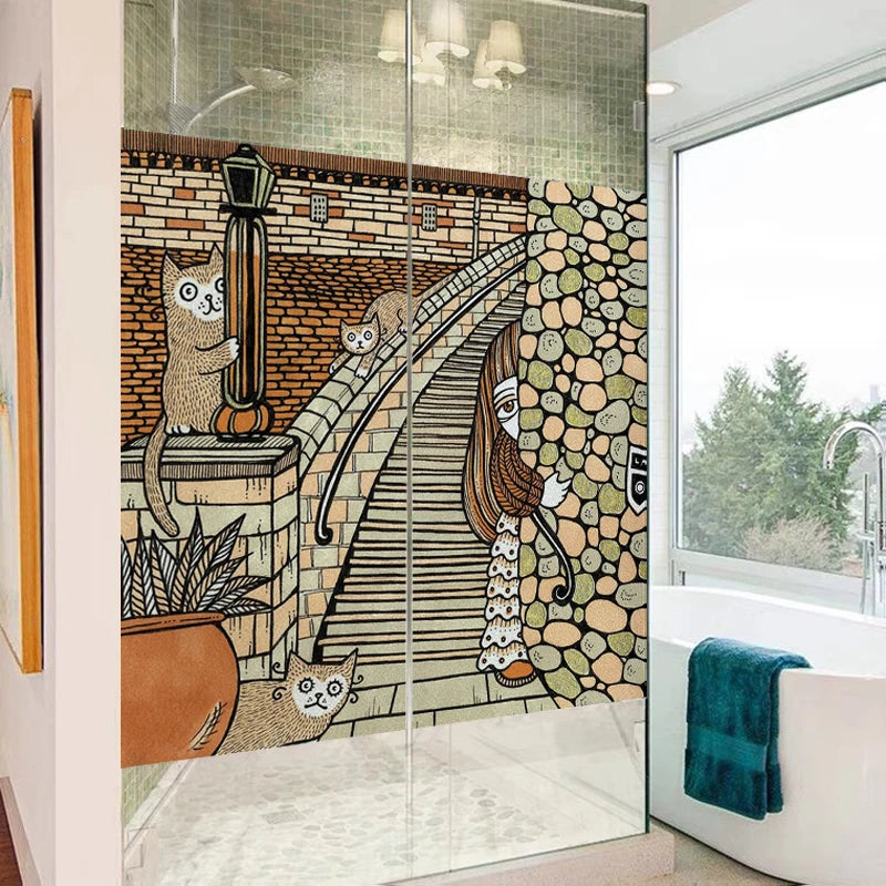 Window Film Stained Glass Stickers,Custom size Static Cling Frosted,Cat Bird Rabbit Print For Window Glass Door Home Decor
