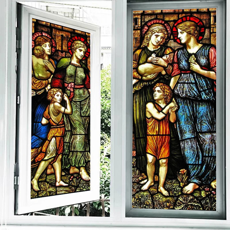 Stained Glass Films, Frosted Sticker,Self Adhesive/Static Cling Privacy Church Home Decor,Children being Blessed