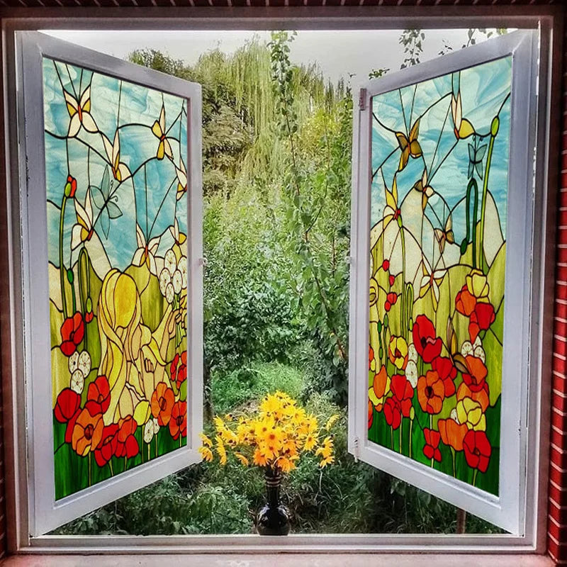 Landscape painting Stained Glass Films Transom/Windows Film Opaque Sticker Self Adhesive/Static Cling Custom Size