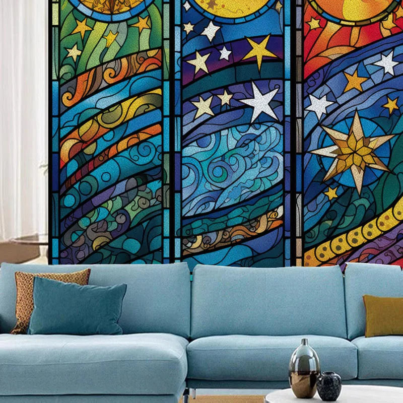 Window Film Frosted Stained Glass Films,Customized Privacy Static Cling,Church Retro Sticker,Office Home Decor,Sun and moon
