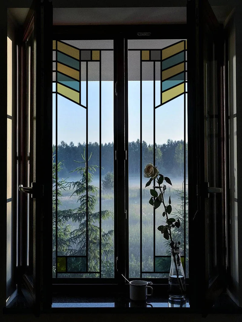 Stained Glass Window Film Transparent Glass Sticker Static Cling Prairie Scottish Style for thin long Glass Door Anticollision