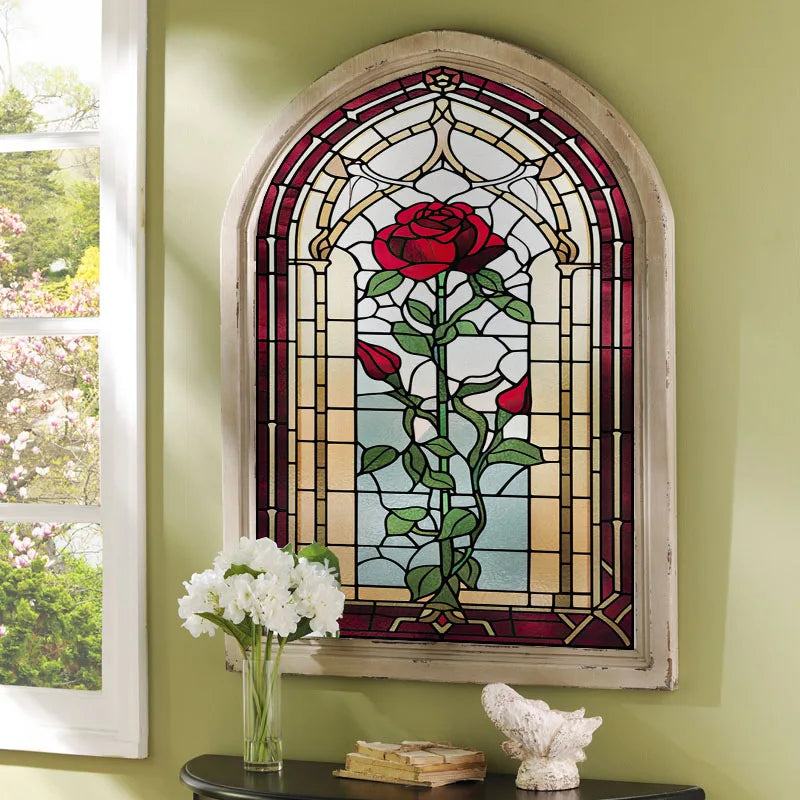 Privacy Windows Film Rose Stained Glass Window Door Stickers No Glue Static Cling Decorative Frosted Window Films