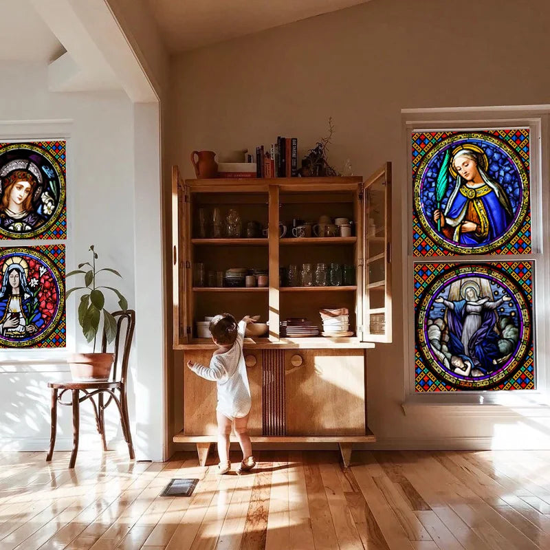 Custom Frosted Stained Glass Window Film,PVC Static Cling ,Church Jesus Mary Angels Picture Stickers Window Treatment Home Decor