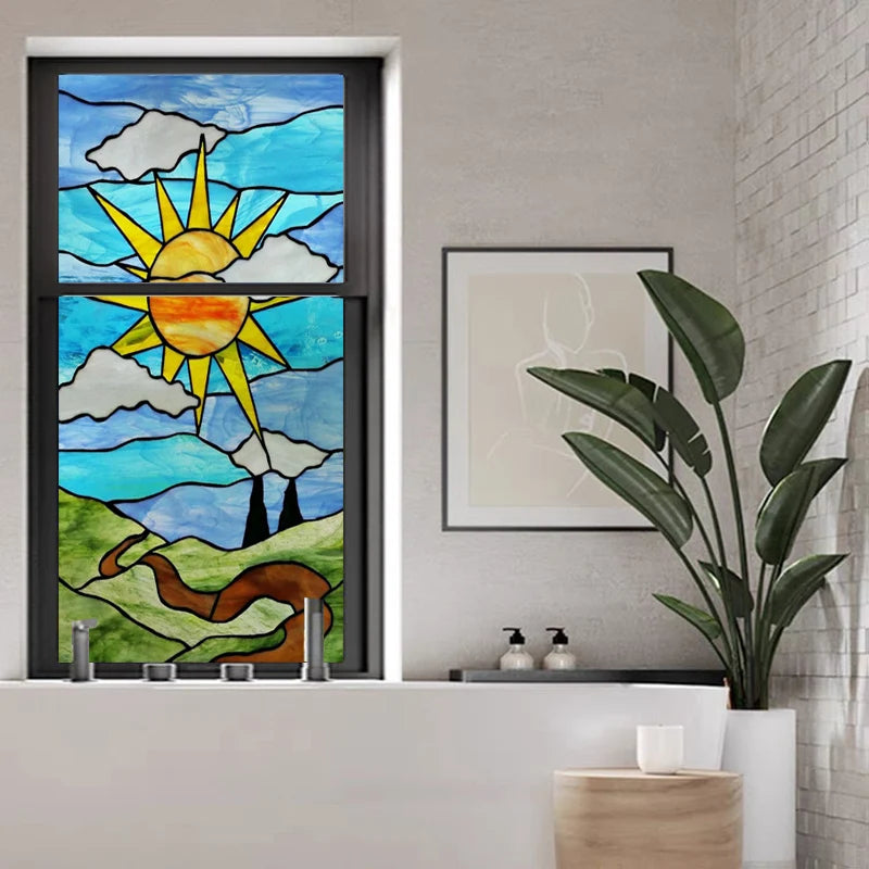 Custom Size Window Film Stained Glass Stickers Static Cling Frosted Privacy Print Sun,Sailboat,Mosaic For Window Door Home Decor