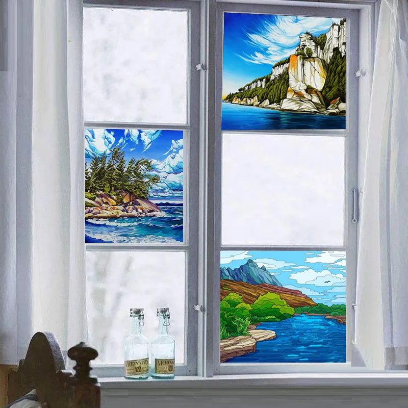 Custom size Glass Films,Large Selection of Landscape painting Stained Glass Window Films. Iris,Tree,Mountain,Rivers,Cloud