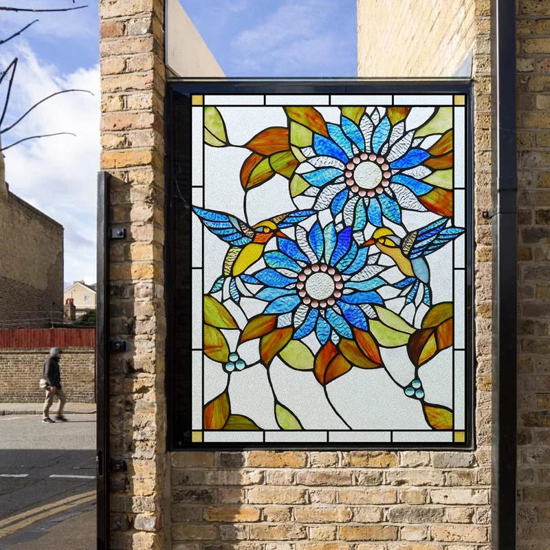 Window Film Frosted Stained Glass Films Customized Art SunFlower Hummingbird Static Cling Sticker,Home Decor Window Treatment