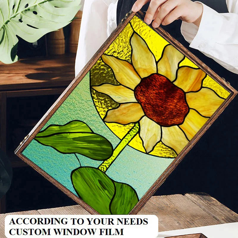Window Film Stained Glass Stickers,Custom size Static Cling Sunflower Privacy Films Door Sticker Kitchen Office Home Decor