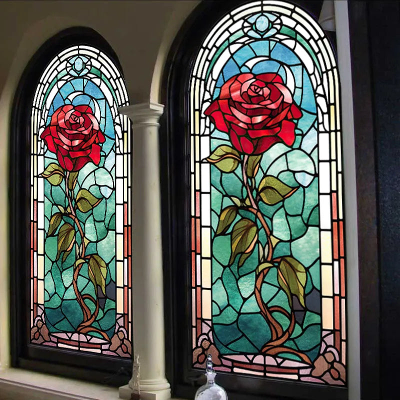 Privacy Windows Film Rose Stained Glass Window Door Stickers No Glue Static Cling Decorative Frosted Window Films