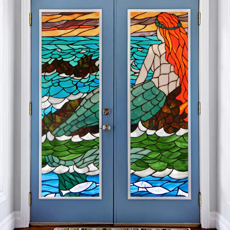 Custom Size Window Stained Glass Films,Mermaid,Flower Fairy,People Painting Stickers For Bathroom Bedroom Door Office Home Decor