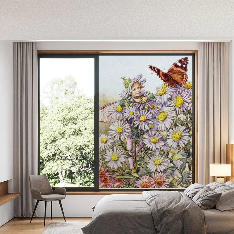 Custom Size Stained Glass Window Film Flower Fairy Stickers Static Cling For Kitchen Bathroom Bedroom Glass Door Home Decor