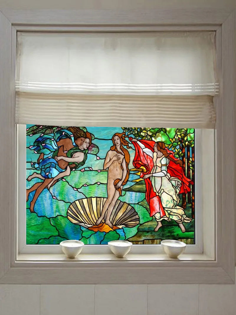 Custom Size Stained Glass Window Film Frosted Privacy Static Cling Church Mythological People For Transom Window Home Decor