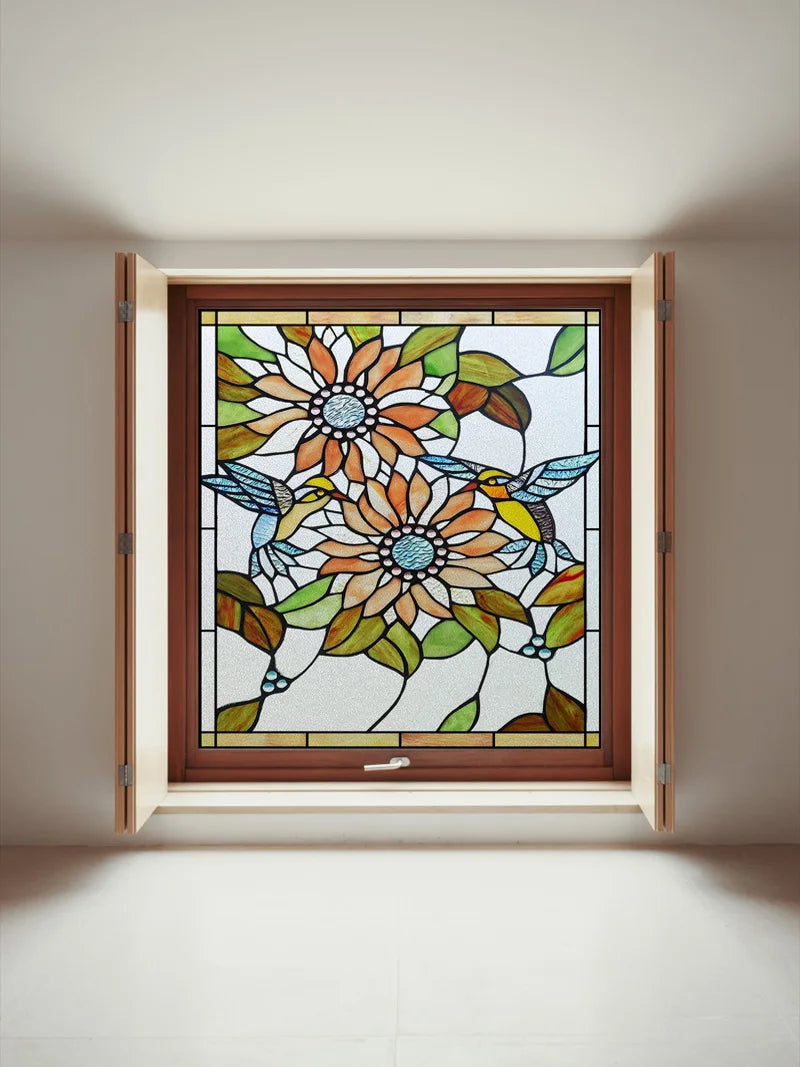 Window Film Frosted Stained Glass Films Customized Art SunFlower Hummingbird Static Cling Sticker,Home Decor Window Treatment