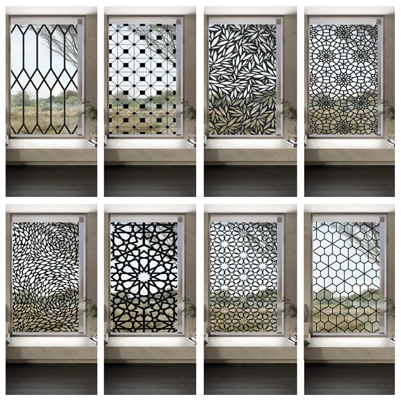 Stained Glass Window Film Transparent Glass Sticker Static Cling Iron Style Black Line Office Door Anticollision Home Decor