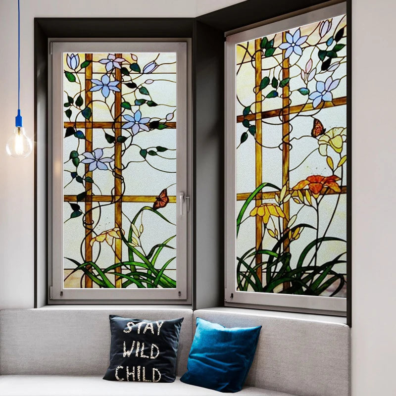 Window Film,Frosted Stained Glass Films,Church Static Cling,Door Sticker,Print SunFlower,Tree,Fruit,Birds,Home Decor Customized