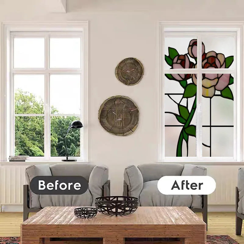 Window Film Frosted Stained Glass Films Customized Flower Rose Static Cling Sticker,Home Decor Foil Window Treatment