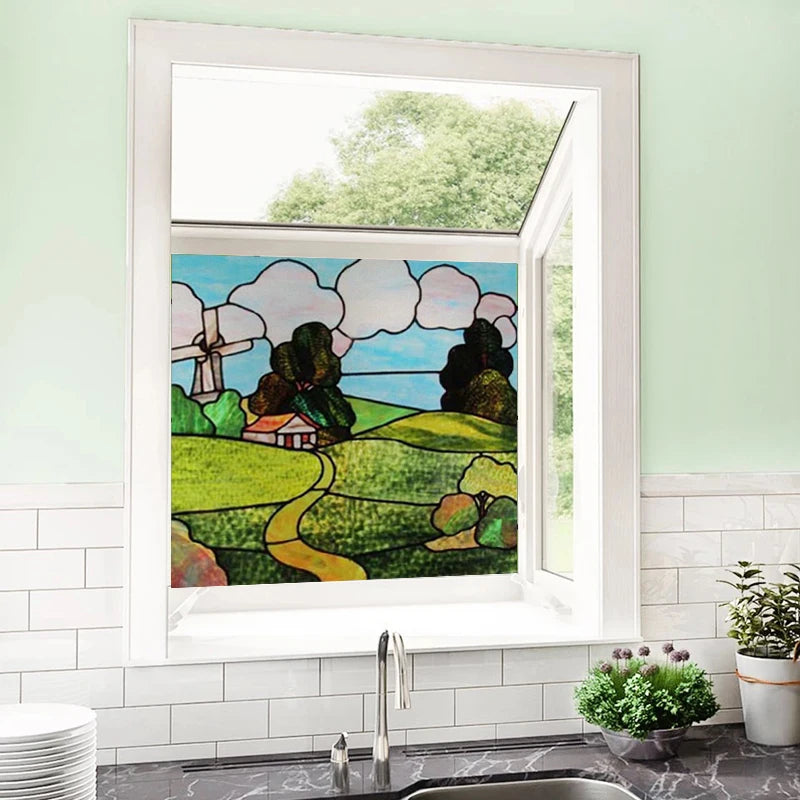 Custom size Stained Glass Films,Privacy Static Cling,Print Castle Sailboat House Door Sticker,Office Home Decor