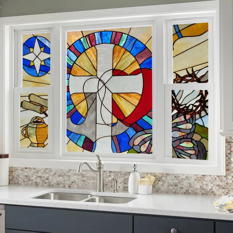 Custom Size Stained Glass Window Film Frosted Privacy Static Cling Church Mythological People For Transom Window Home Decor